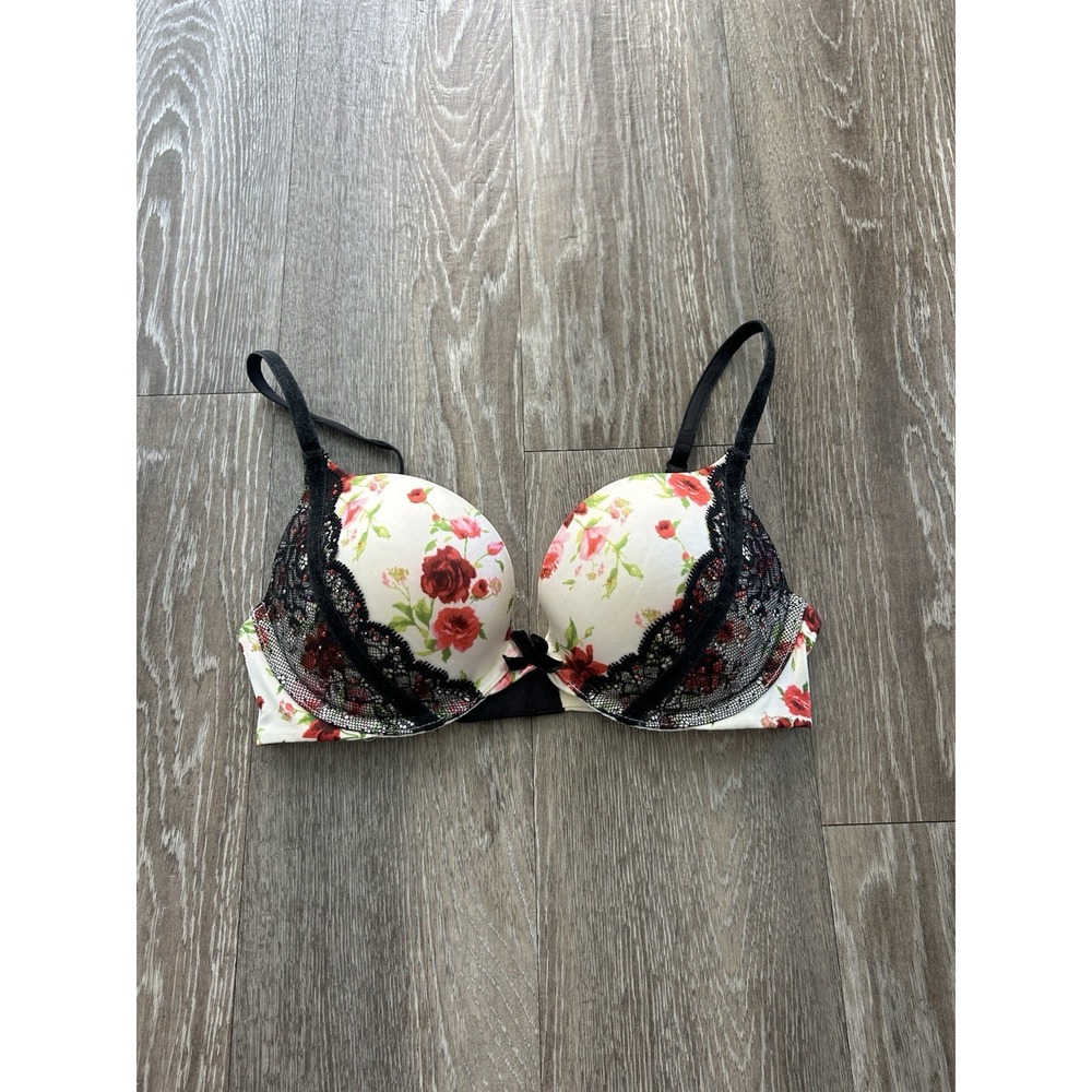 2000s Victoria's Secret Pushup Bra Rhinestone Lace Bow Y2K Romantic Sexy